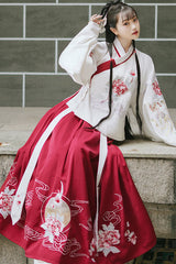 Red/White Chinese Style Ming Dynasty Ancient Costume Cross Collar Handmade Embroidery Sweet Hanfu Dress Two Piece - Product - 3