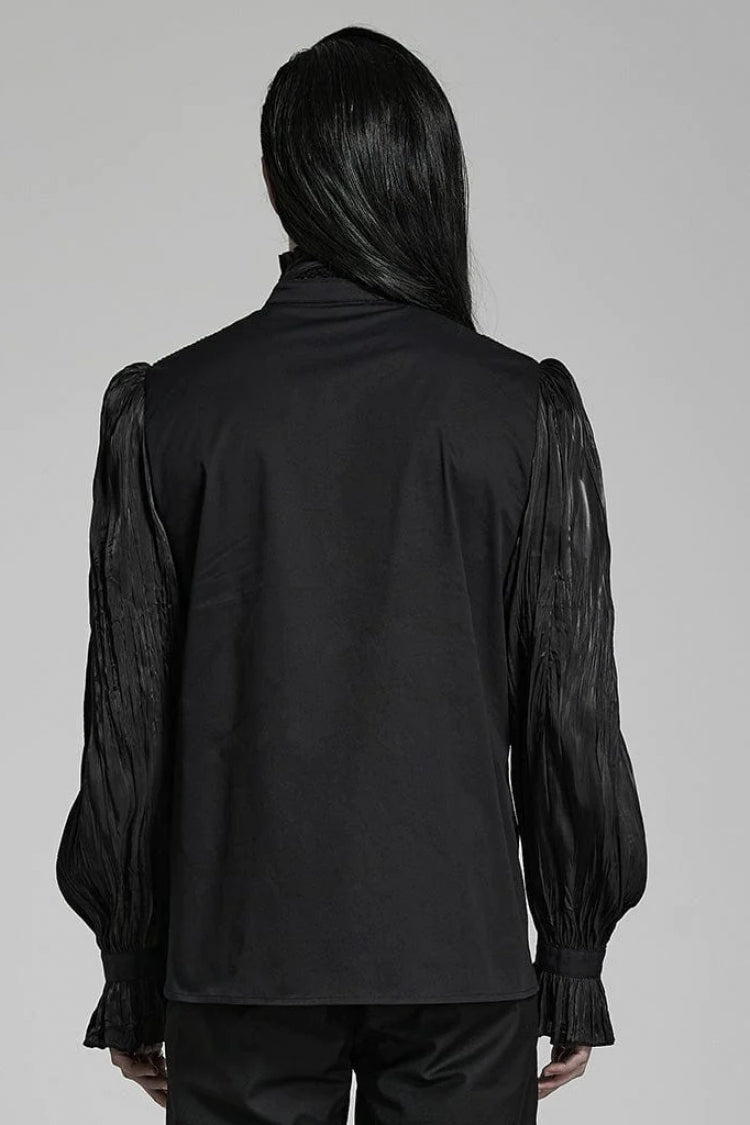 Black Stand Collar Ruched Stitching Lace Mens Gothic Blouse with Scarf - Product - 3