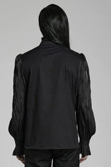 Black Stand Collar Ruched Stitching Lace Mens Gothic Blouse with Scarf - Product - 3