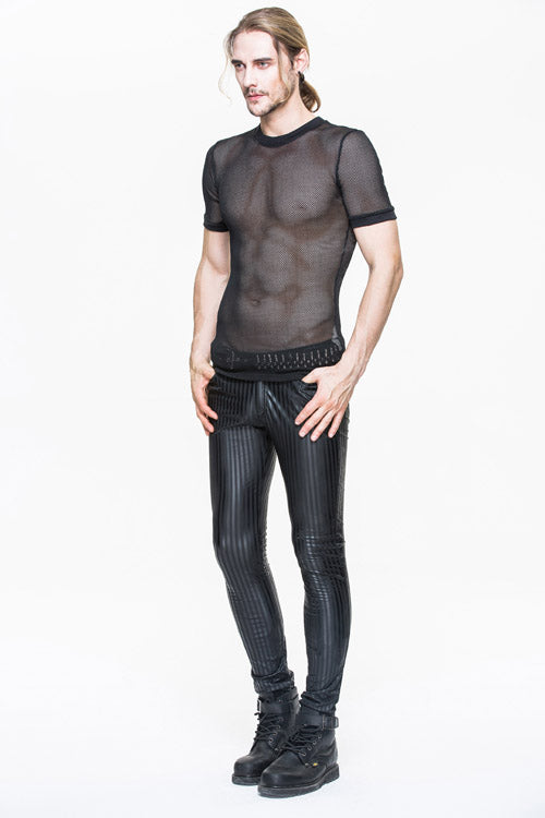 Black Autumn And Winter Vertical Stripes Elastic Punk Leather Mens Pants - Product - 6