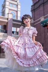 Pink Doll Collar Short Sleeves Iris Poem Print Ruffle Embroidery Sweet Lolita Dress - Product - 5