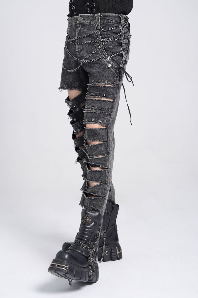 Black Ripped Rivet Men's Punk Pants with Chain - Product - 4