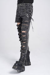 Black Ripped Rivet Men's Punk Pants with Chain - Product - 4