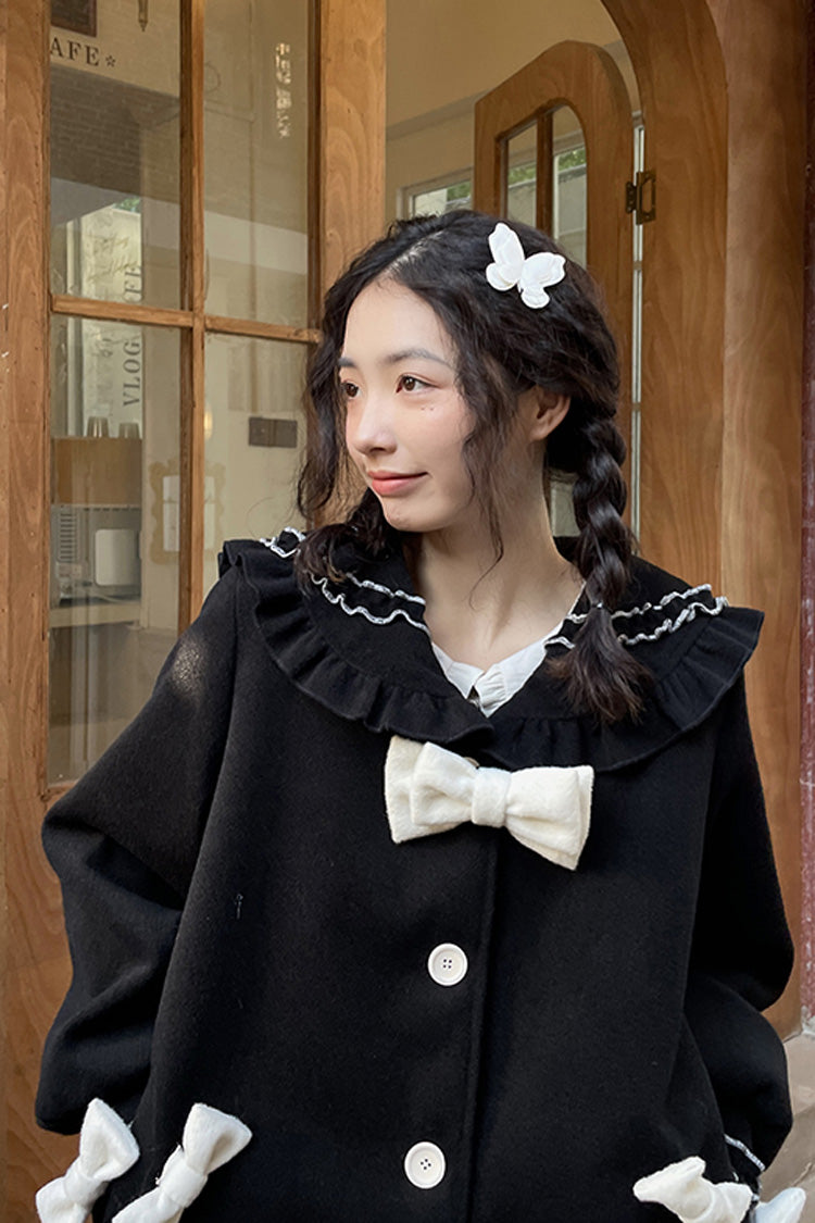 Black [Bouquet Bear] Doll Collar Long Sleeves Ruffle Bowknot Princess Lolita Coat - Product - 9