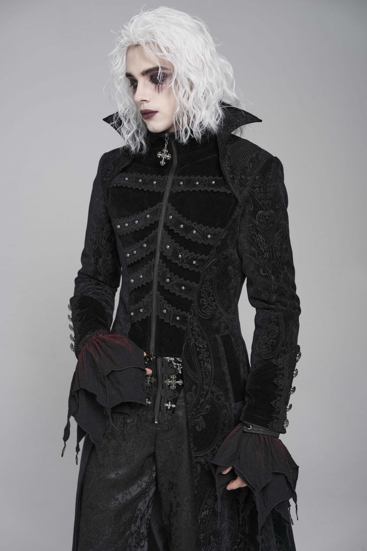 Black Diamante Stand Collar Long Sleeves Printed Zippered Men's Gothic Long Coat - Product - 10