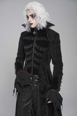 Black Diamante Stand Collar Long Sleeves Printed Zippered Men's Gothic Long Coat - Product - 10
