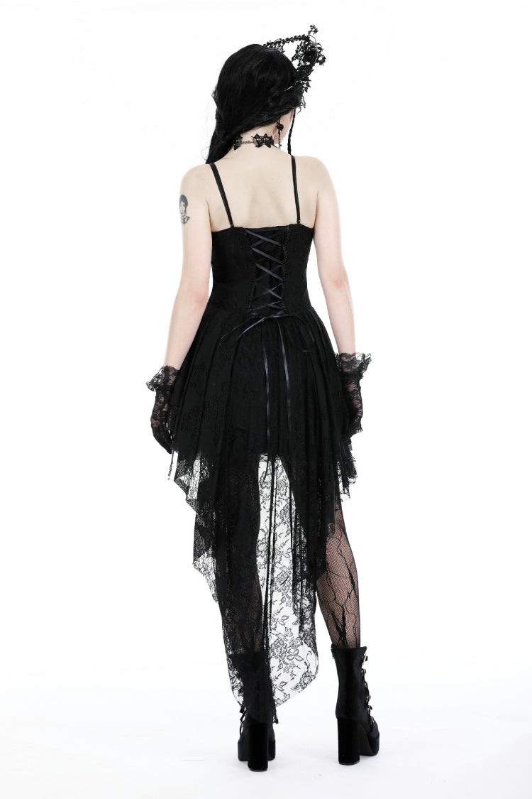 Black Sleeveless Rose Lace Lace-Up Women's Gothic High Low Dovetail Slip Wedding Dress - Product - 4
