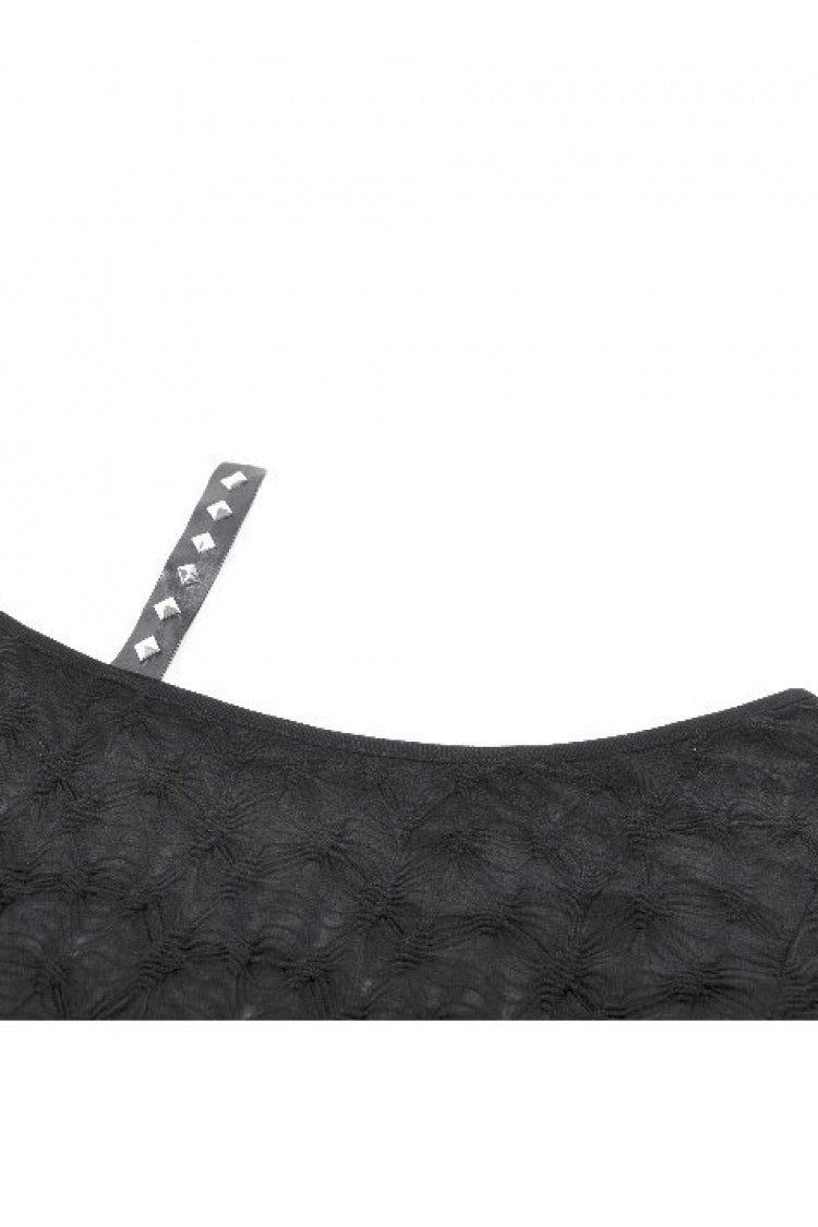 Black Off Shoulder Short Sleeves Studded Cross Straps Asymmetric Women's Punk Top - Product - 17