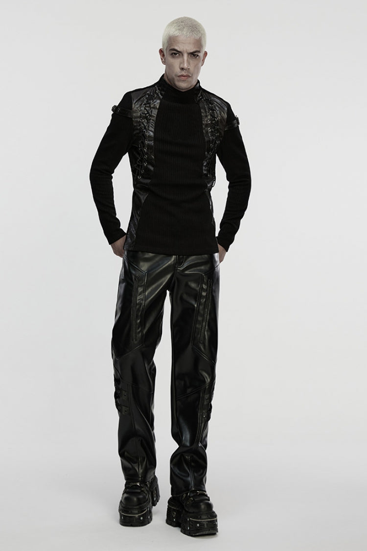 Black Stand Collar Long Sleeves Spliced Buckled Strappy Men's Punk Top - Product - 4