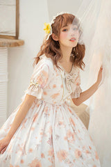 Ivory [Miss Sunflower] Short Sleeves Printed Ruffled Bow Sweet Lolita Dress - Product - 5