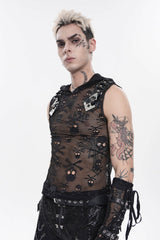 Black Sleeveless Slim  Skull Hooded Mesh Eyelet Men's Punk Cool Vest - Product - 12