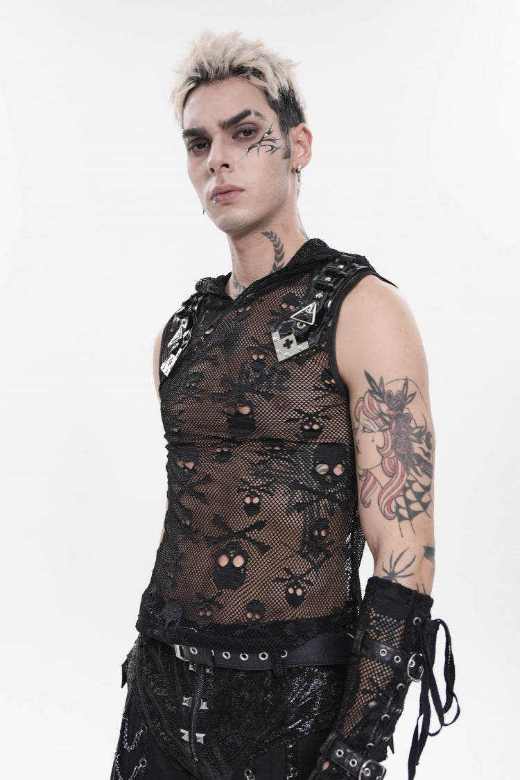 Black Sleeveless Slim  Skull Hooded Mesh Eyelet Men's Punk Cool Vest - Product - 12