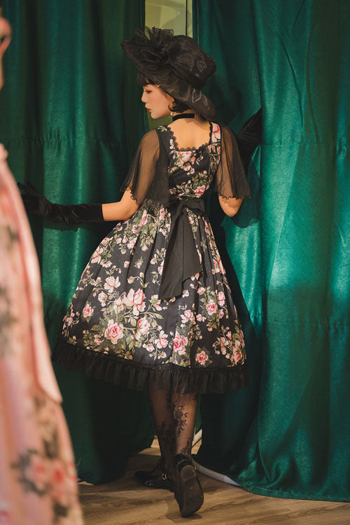 Black Elegant Vintage French Rose Print Square Collar Ruffled Classic Lolita OP Dress - Product - 7