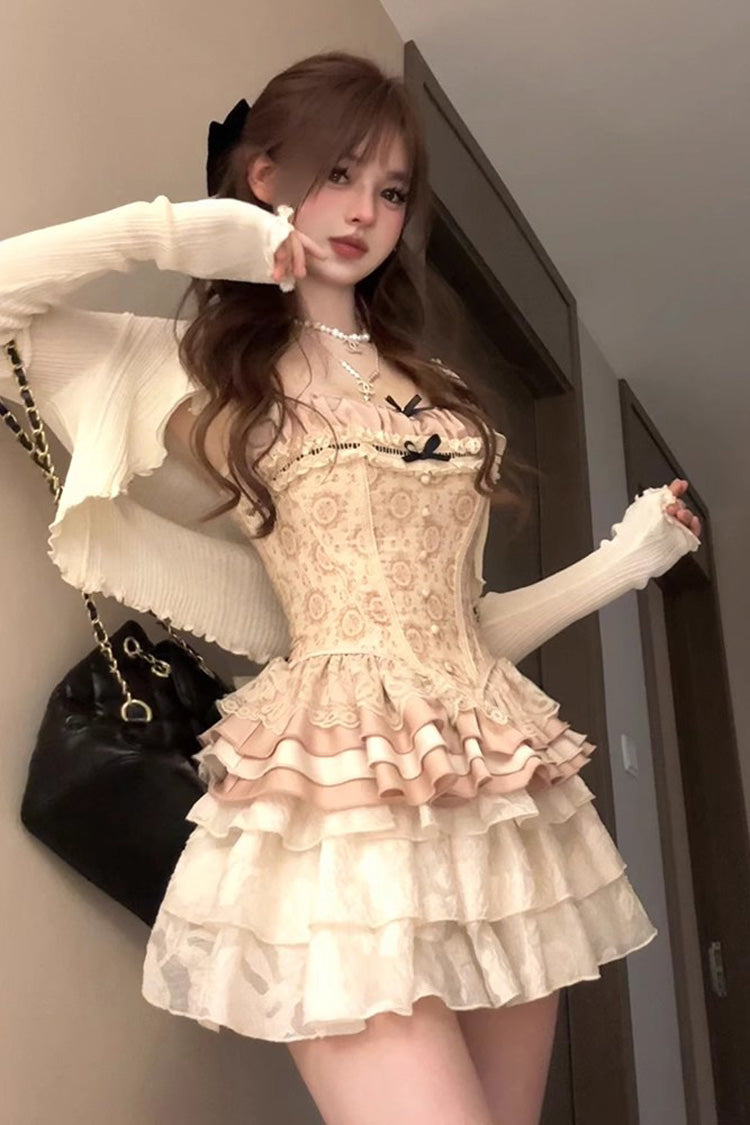Apricot Multi-Layered Print Ruffle Embroidery Bowknot Sweet Vintage Lolita Skirt - Product - 5
