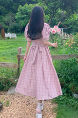 Pink Navy Lapel Collar Check Short Sleeves High Waisted Long Plus Size Sweet Lolita Dress - Product - 5