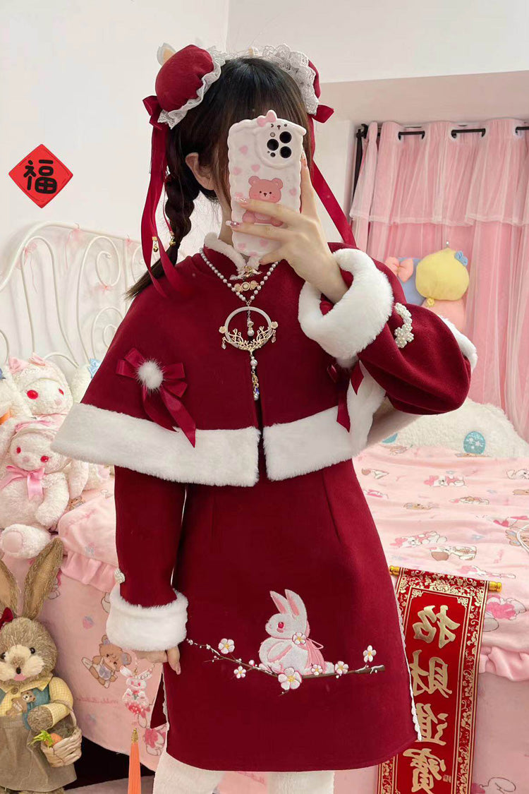 Red [New Year] Rabbit Printed Embroidered Bow Sweet Chinese Style Lolita Dress - Product - 6