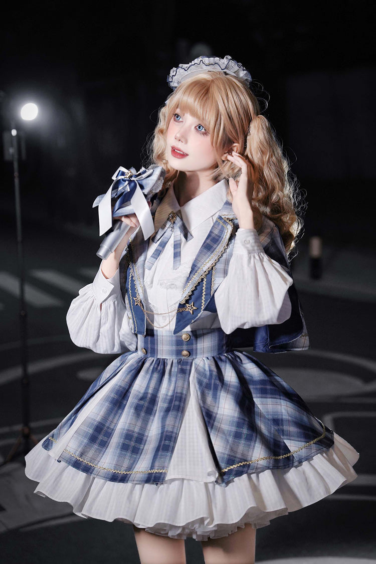 Blue [Little Starlight Idol] Lapel Collar Long Sleeves Double-Layered Printed Ruffled Bow Sweet Japanese Lolita Skirt Set - Product - 5