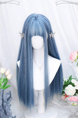 Blue Air Bangs Slightly Curly Long Sweet Lolita Wig - Product - 2