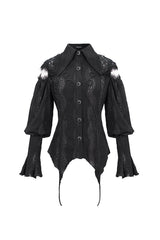 Black Front Chest Webbing Appliques Hollow-Out Lantern Sleeve Flare Cuff Back Waist Lace Up Women's Gothic Blouse - Product - 7