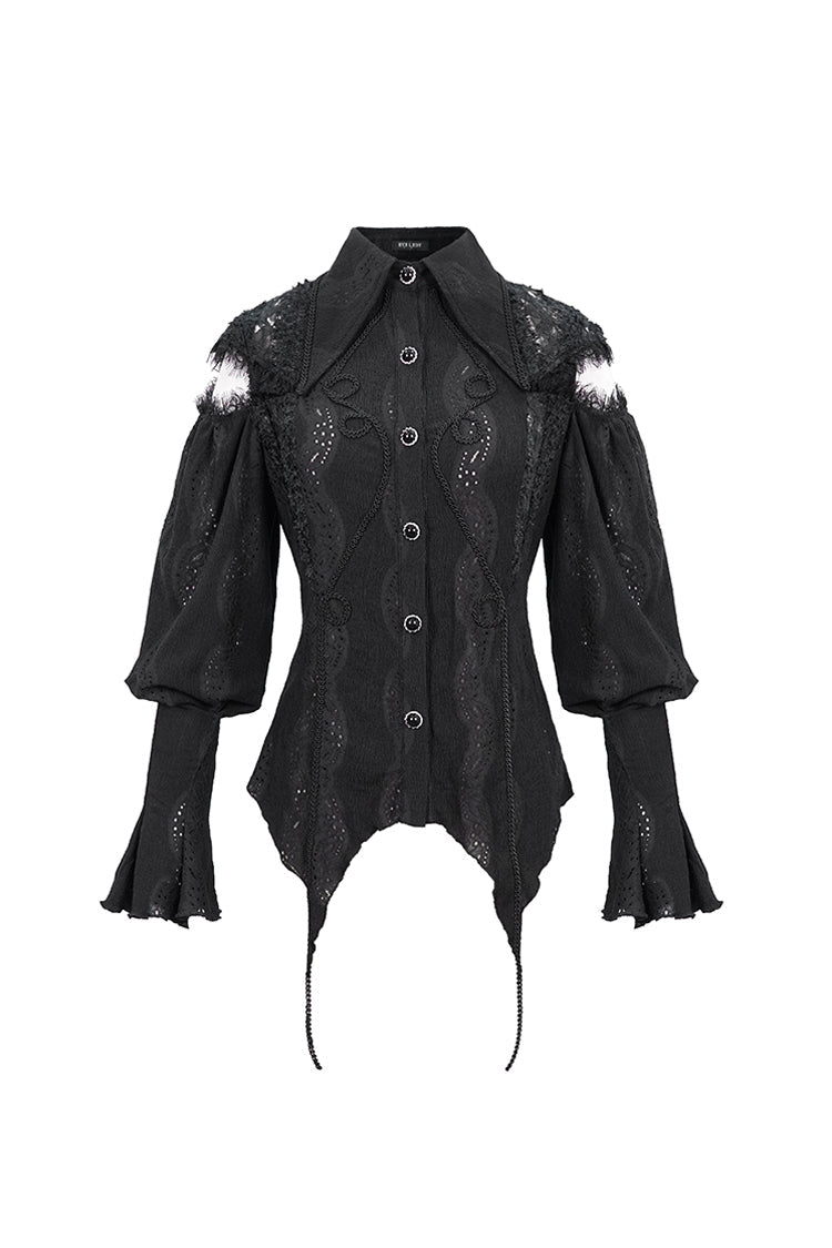 Black Front Chest Webbing Appliques Hollow-Out Lantern Sleeve Flare Cuff Back Waist Lace Up Women's Gothic Blouse - Product - 7