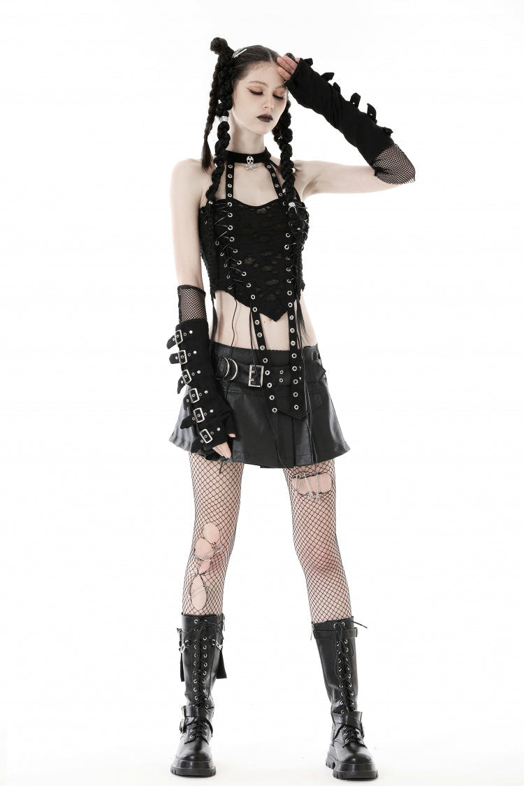 Black Halterneck Eyelet Lace-Up Ripped Women's Punk Tank Top - Product - 10
