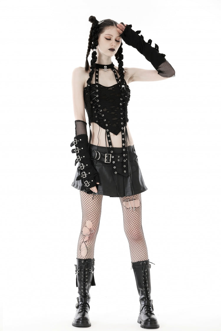 Black Halterneck Eyelet Lace-Up Ripped Women's Punk Tank Top - Product - 10