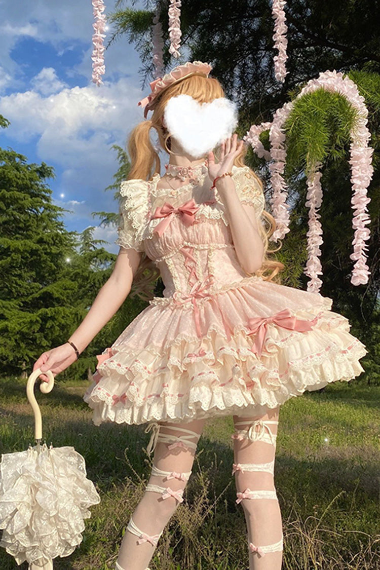 Pink [Flory Butterfly] Double-Layered Ruffle Bowknot Lace Lace-Up Sweet Ballet Lolita Jsk Dress - Product - 5