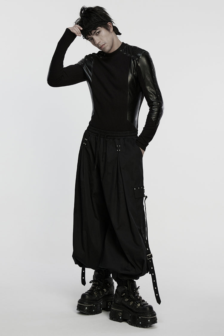 Black Round Collar Long Sleeves Spliced Eyelet Men's Punk T-Shirt - Product - 4