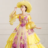 Yellow Half Sleeves Hime Sleeves High Waisted Lace Stitching Hollow Embroidery Floral Print Multi-Layer Victorian Lolita Prom Dress - Product - 4