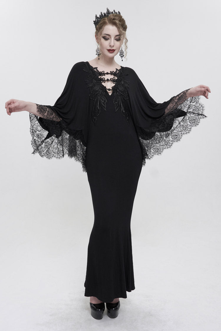 Black Deep V Neck Bat Sleeve Chest Appliqu Lace Bead Buckle Connection Small Fishtail Long Women's Gothic Dress - Product - 2