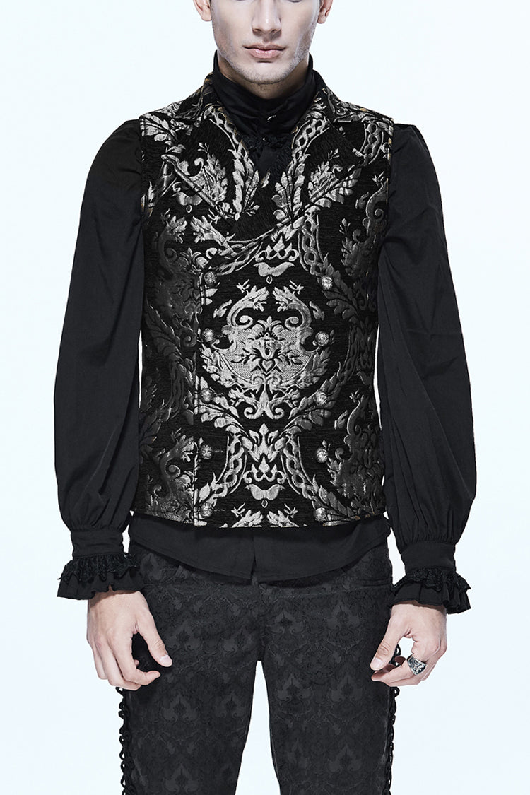 Black/Silver Palace Short Big Jacquard Pattern Men's  Gothic Waistcoat - Black/Silver - 1