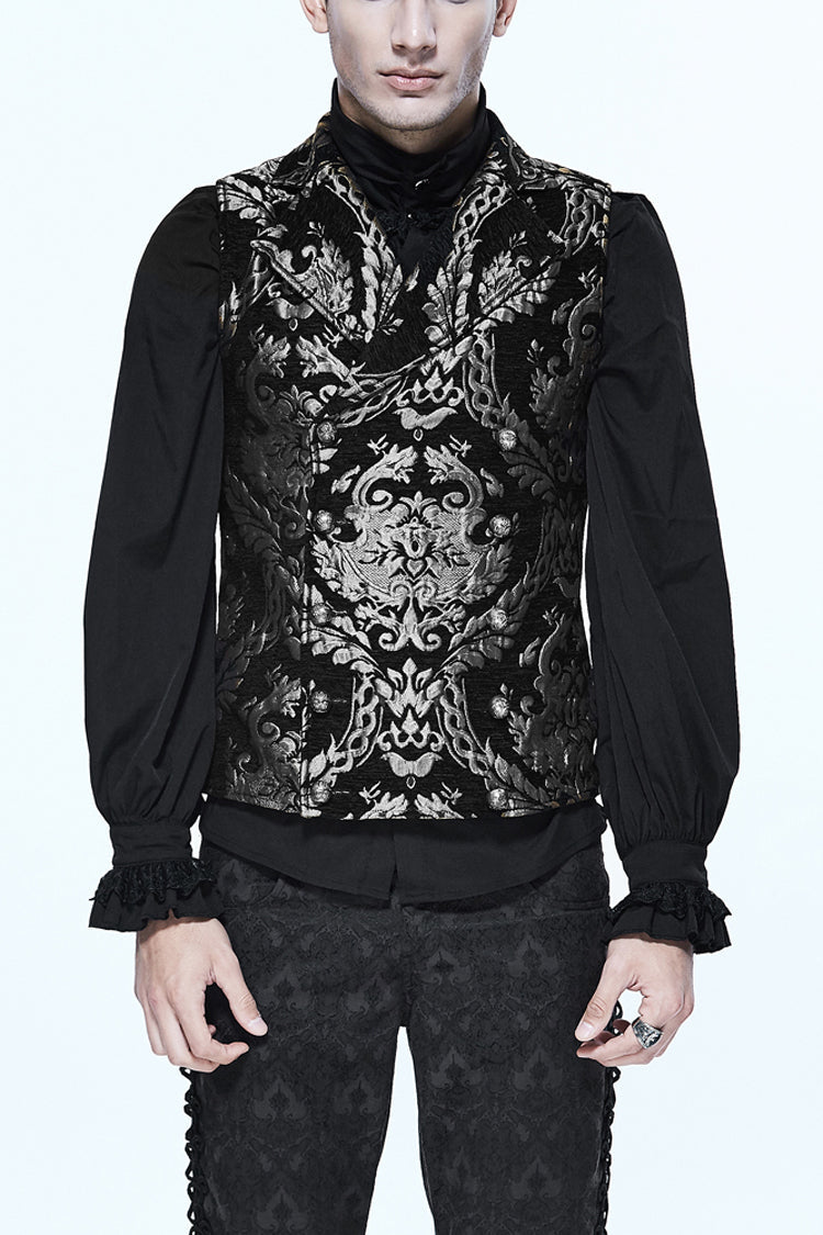 Black/Silver Palace Short Big Jacquard Pattern Men's  Gothic Waistcoat - Black/Silver - 1