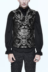Black/Silver Palace Short Big Jacquard Pattern Men's  Gothic Waistcoat - Black/Silver - 1