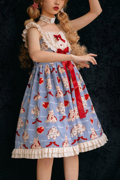 Blue Ruffled Strap Wish Cat Sweet Lolita JSK Dress - Blue - 1