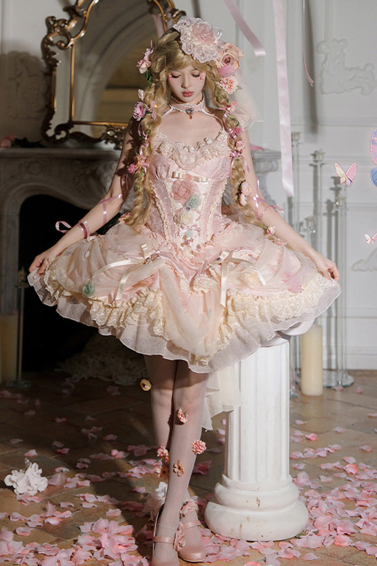 Pink [Dream Garden] Ruffle Hanayome Embroidery Bowknot Lace Fishbone Sweet Princess Gorgeous Lolita Jsk Dress - Product - 14