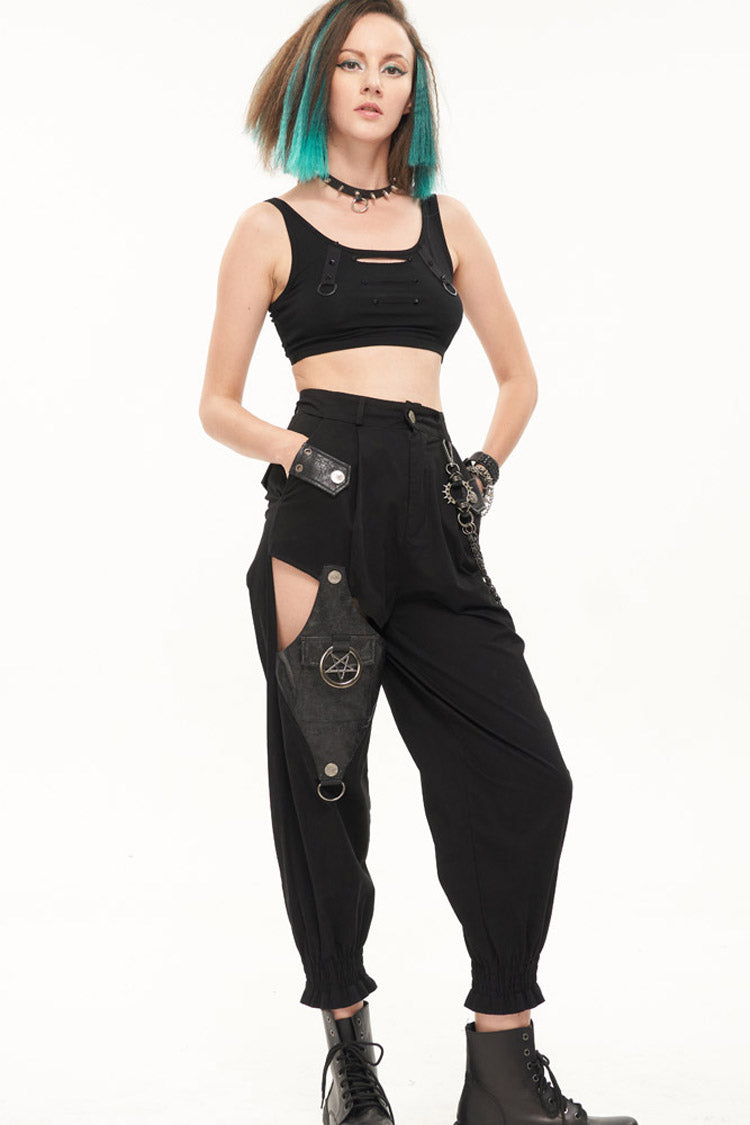 Black Punk Cutout Leather Splicing Detachable Metal Chain Women's Long Pants - Product - 7