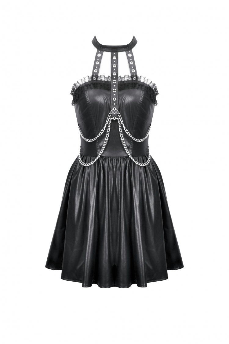 Black Halterneck Zippered Chain-Decorated Eyelet Women's Punk Faux Leather Dress - Product - 3
