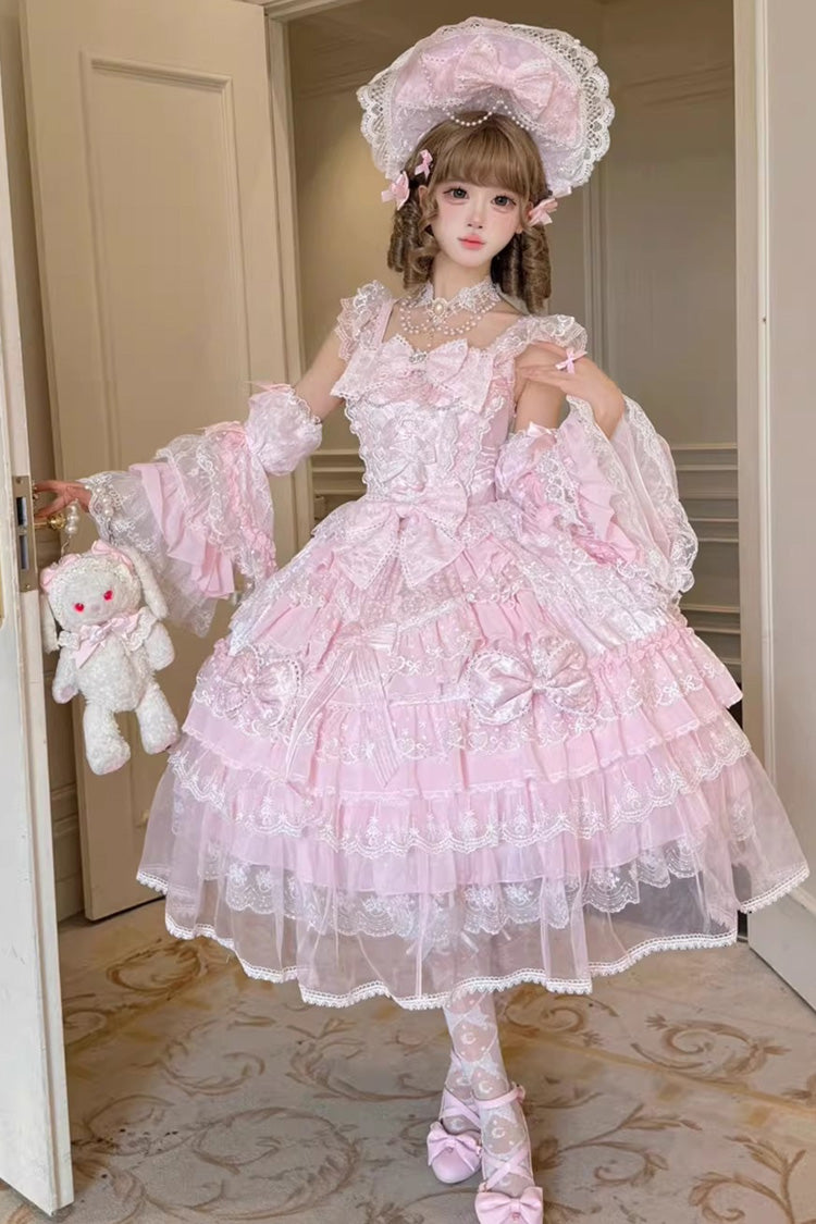 Pink [Prelude of Spring] Sleeveless Multi-Layered Ruffled Bow Lace Sweet Princess Lolita Jsk Dress - Product - 2