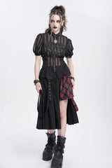 Black Stand Collar Short Puff Sleeves Sheer Mesh Women's Gothic Blouse - Product - 7