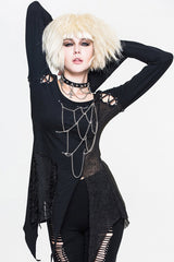 Black Sexy Asymmetrically Broken Holes Spiderweb Shape Chains Women Punk T-Shirt - Product - 2