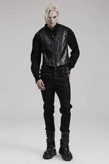 Black V Collar Sleeveless Exquisitely Carved Floral Print Faux Leather Mens Gothic Vest - Product - 4