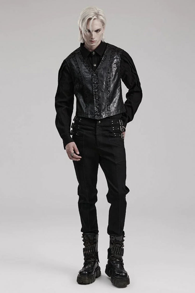 Black V Collar Sleeveless Exquisitely Carved Floral Print Faux Leather Mens Gothic Vest - Product - 4