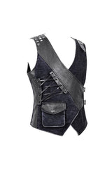 Black V Neck Asymmetric Lace Up Leather Loop Shoulder Rivet Corduroy Men's Punk Waistcoat - Product - 7