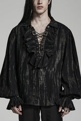 Men's Jacquard V Collar Lantern Sleeves Print Ruffle Gothic Blouse 2 Colors - Black - 1