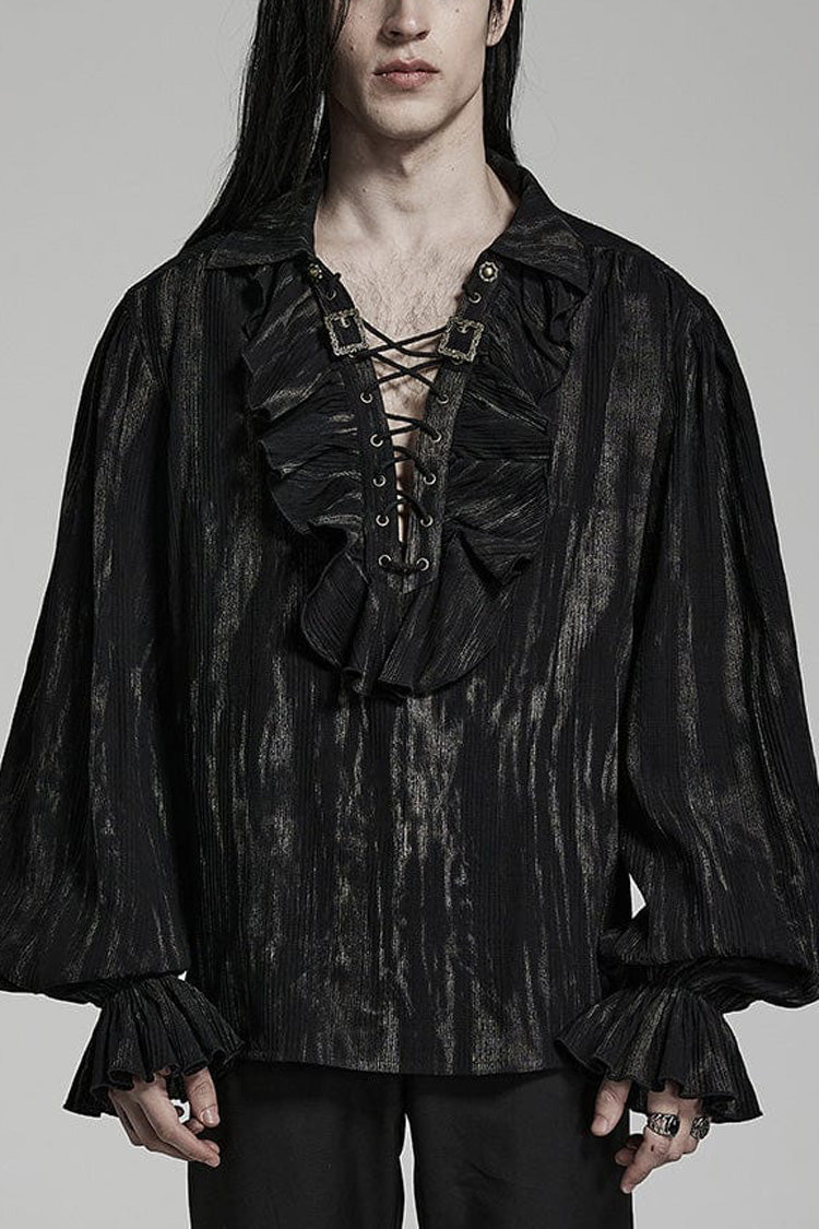 Men's Jacquard V Collar Lantern Sleeves Print Ruffle Gothic Blouse 2 Colors - Black - 1