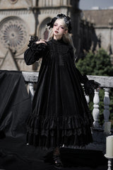 Black [Songs of Dawn and Dusk] Long Lantern Sleeves Multi-Layered Ruffled Bow Adjustable Drawstring Hem Nun Gothic Lolita Dress Set - Product - 6