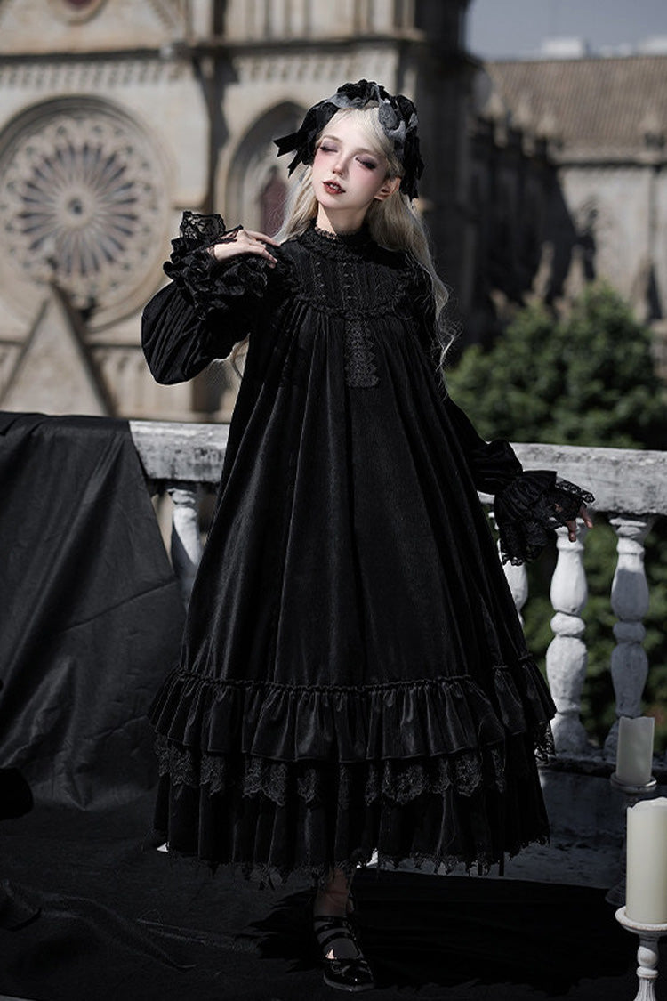 Black [Songs of Dawn and Dusk] Long Lantern Sleeves Multi-Layered Ruffled Bow Adjustable Drawstring Hem Nun Gothic Lolita Dress Set - Product - 6