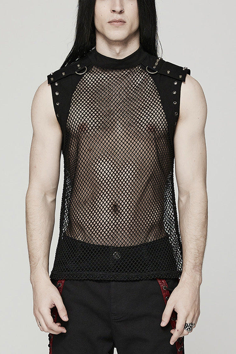 High Collar Sleeveless Rivet Decoration Sheer Mesh Men's Steampunk Vest 2 Colors - Black - 1