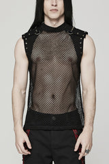 High Collar Sleeveless Rivet Decoration Sheer Mesh Men's Steampunk Vest 2 Colors - Black - 1