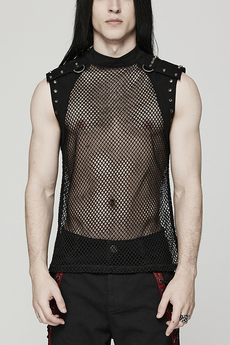 High Collar Sleeveless Rivet Decoration Sheer Mesh Men's Steampunk Vest 2 Colors - Black - 1
